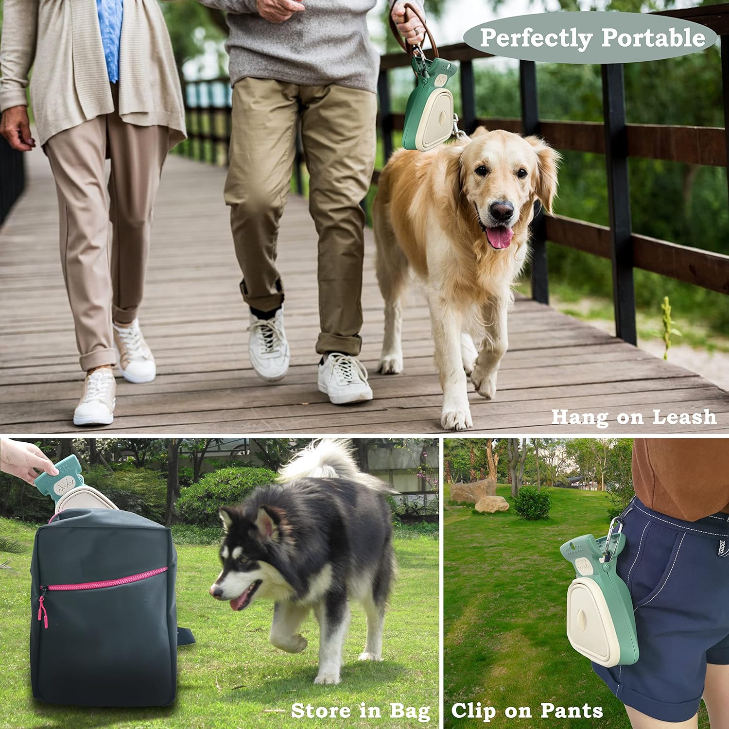 CleanPaw™ built-in waste bag dispenser — fits standard roll bags for hands-free dog walk cleanup